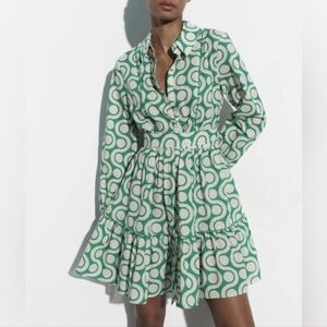ZARA WOMAN SS23‎ GREEN PRINTED SHORT COTTON SUMMER AMELIE DRESS XL Button Down